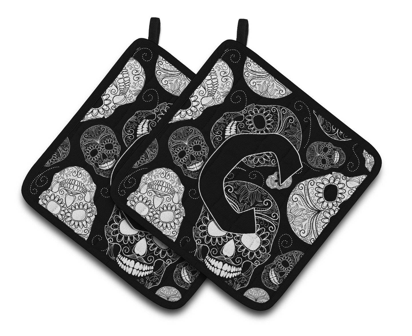 Letter C Day of the Dead Skulls Black Pair of Pot Holders CJ2008-CPTHD - the-store.com