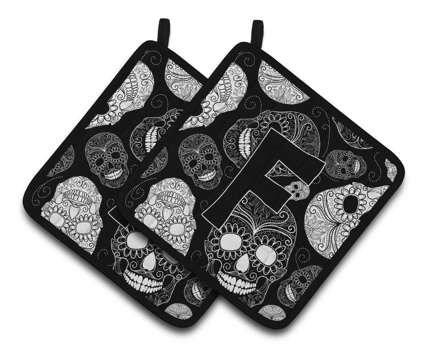 Letter F Day of the Dead Skulls Black Pair of Pot Holders CJ2008-FPTHD - the-store.com