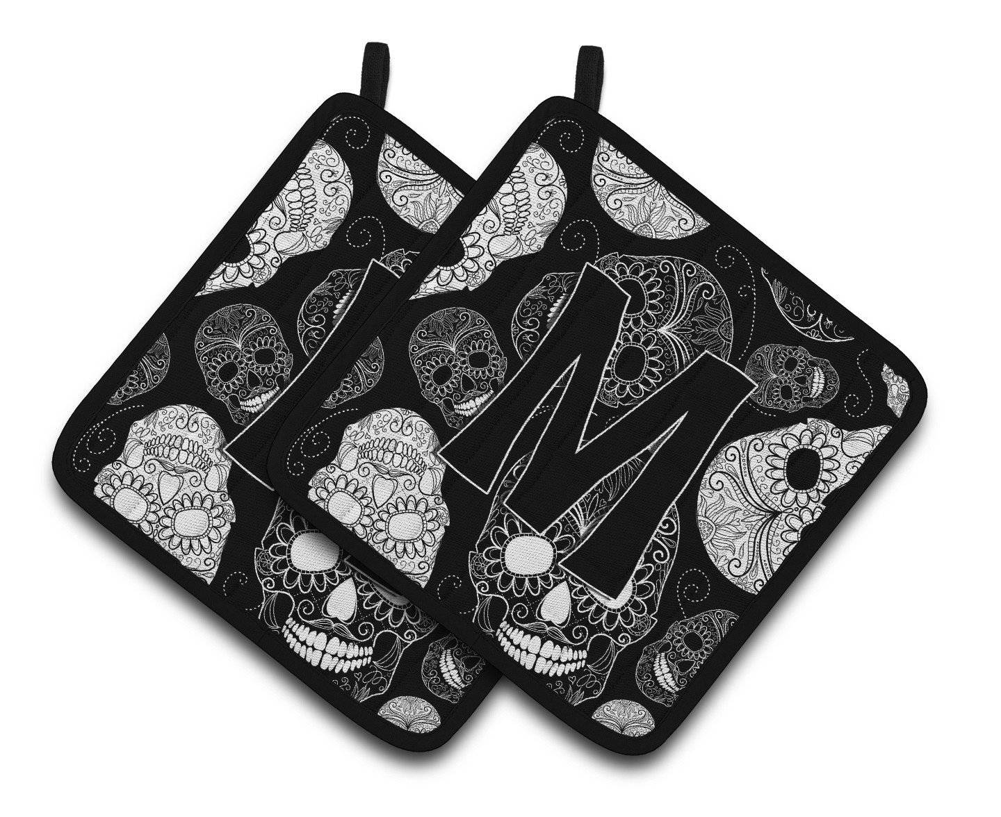 Letter M Day of the Dead Skulls Black Pair of Pot Holders CJ2008-MPTHD - the-store.com
