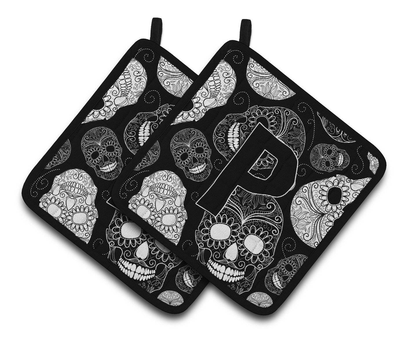 Letter P Day of the Dead Skulls Black Pair of Pot Holders CJ2008-PPTHD - the-store.com