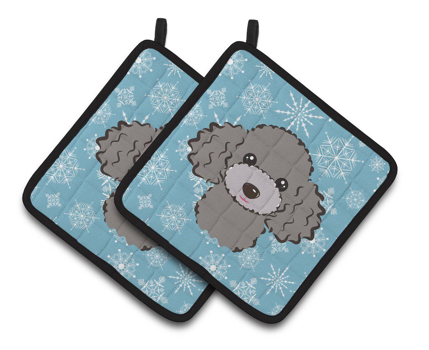 Snowflake Silver Gray Poodle Pair of Pot Holders BB1693PTHD - the-store.com