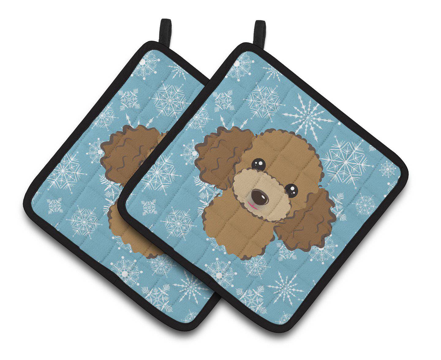Snowflake Chocolate Brown Poodle Pair of Pot Holders BB1690PTHD - the-store.com