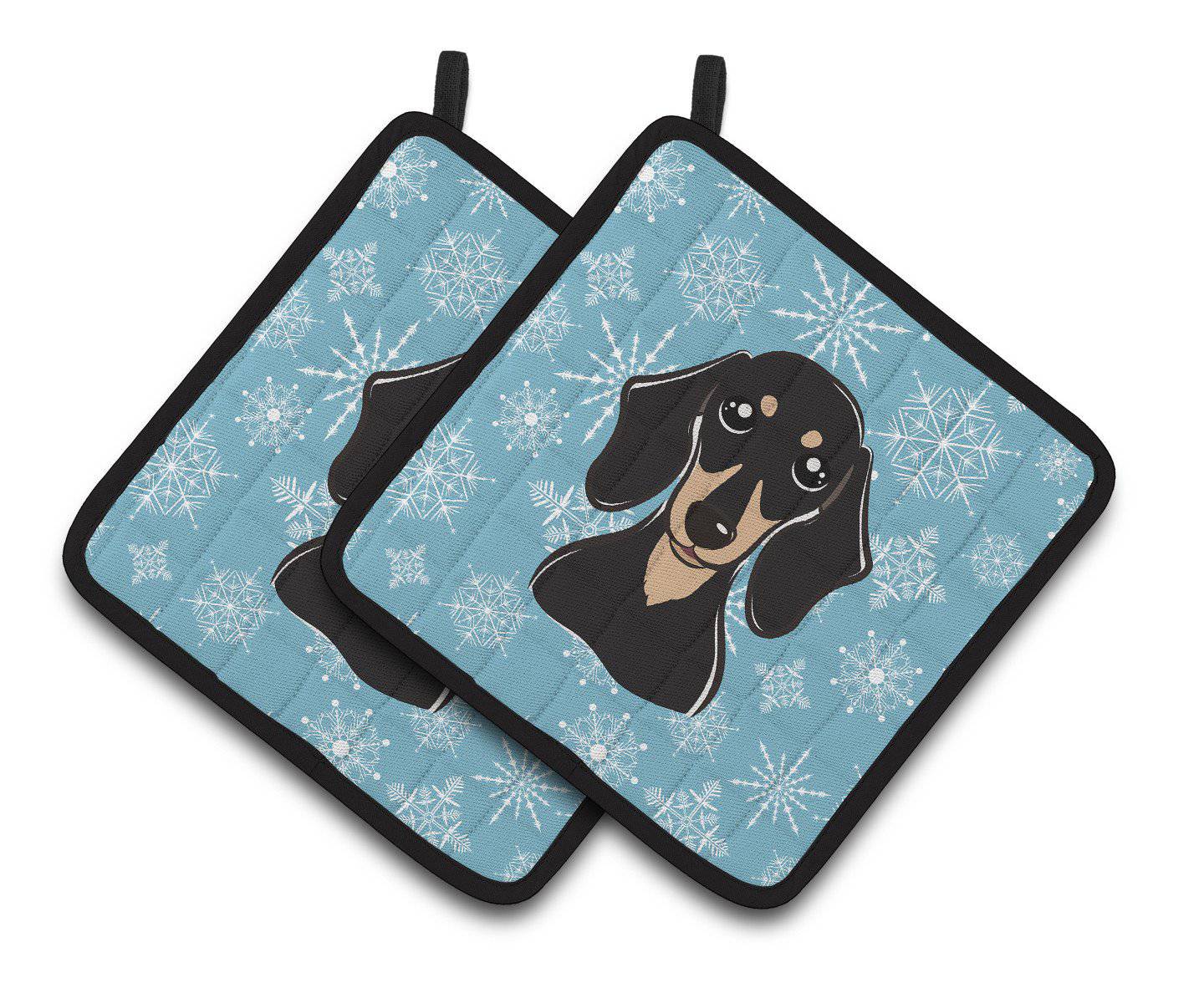 Snowflake Smooth Black and Tan Dachshund Pair of Pot Holders BB1649PTHD - the-store.com
