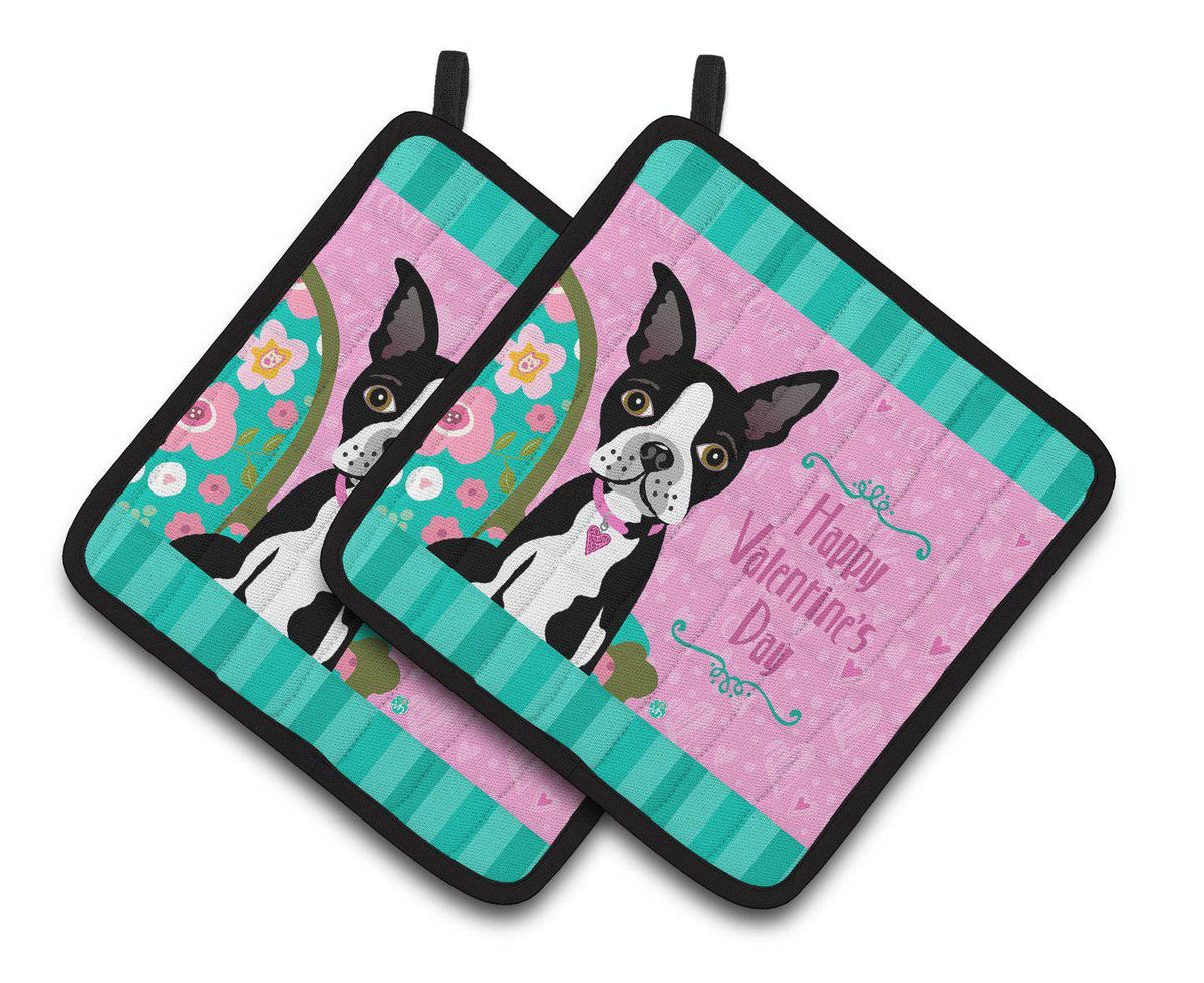 Happy Valentine&#39;s Day Boston Terrier Pair of Pot Holders VHA3001PTHD - the-store.com