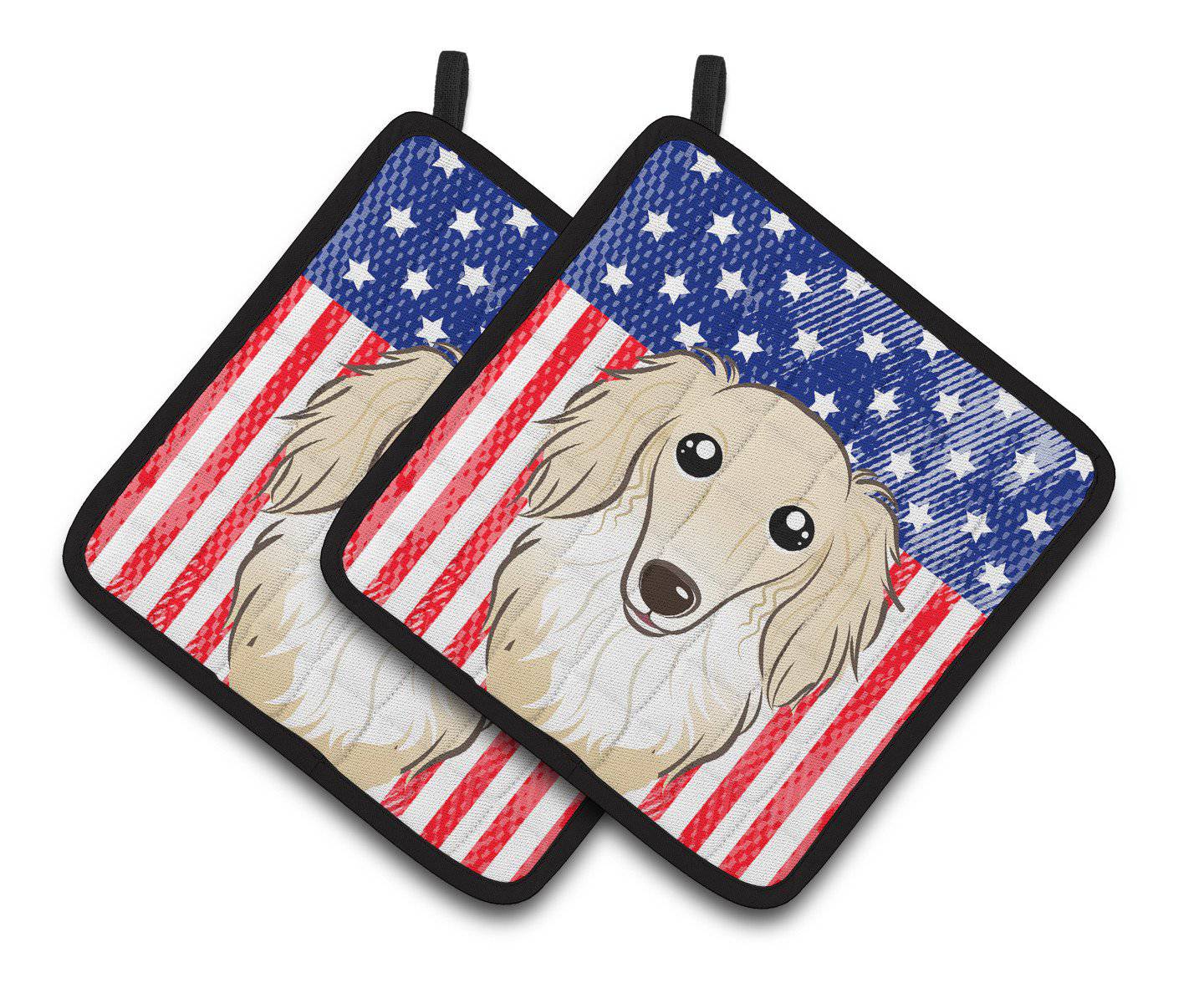 American Flag and Longhair Creme Dachshund Pair of Pot Holders BB2142PTHD - the-store.com
