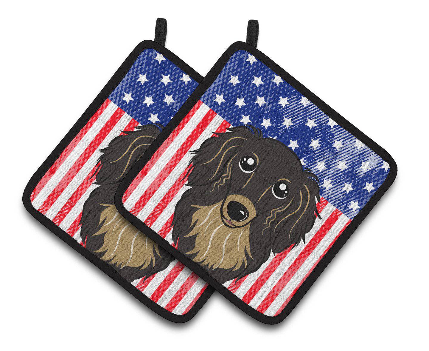 American Flag and Longhair Black and Tan Dachshund Pair of Pot Holders BB2143PTHD - the-store.com