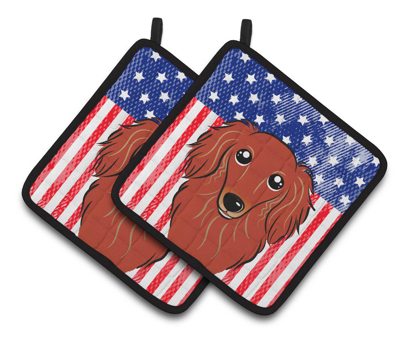 American Flag and Longhair Red Dachshund Pair of Pot Holders BB2144PTHD - the-store.com