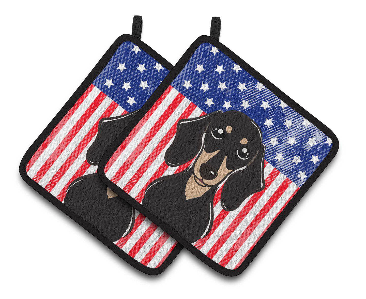 American Flag and Smooth Black and Tan Dachshund Pair of Pot Holders BB2145PTHD - the-store.com