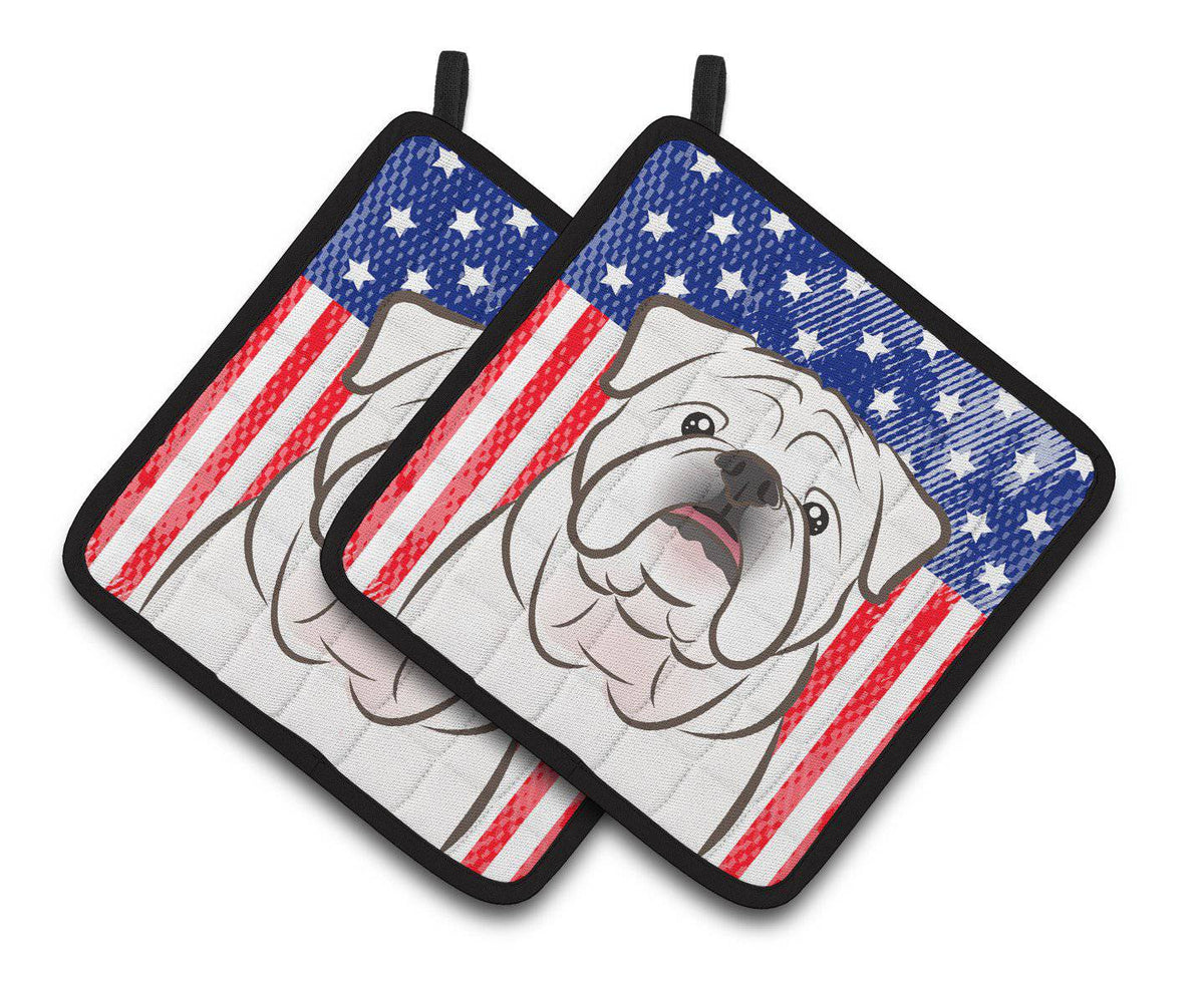 American Flag and White English Bulldog  Pair of Pot Holders BB2150PTHD - the-store.com