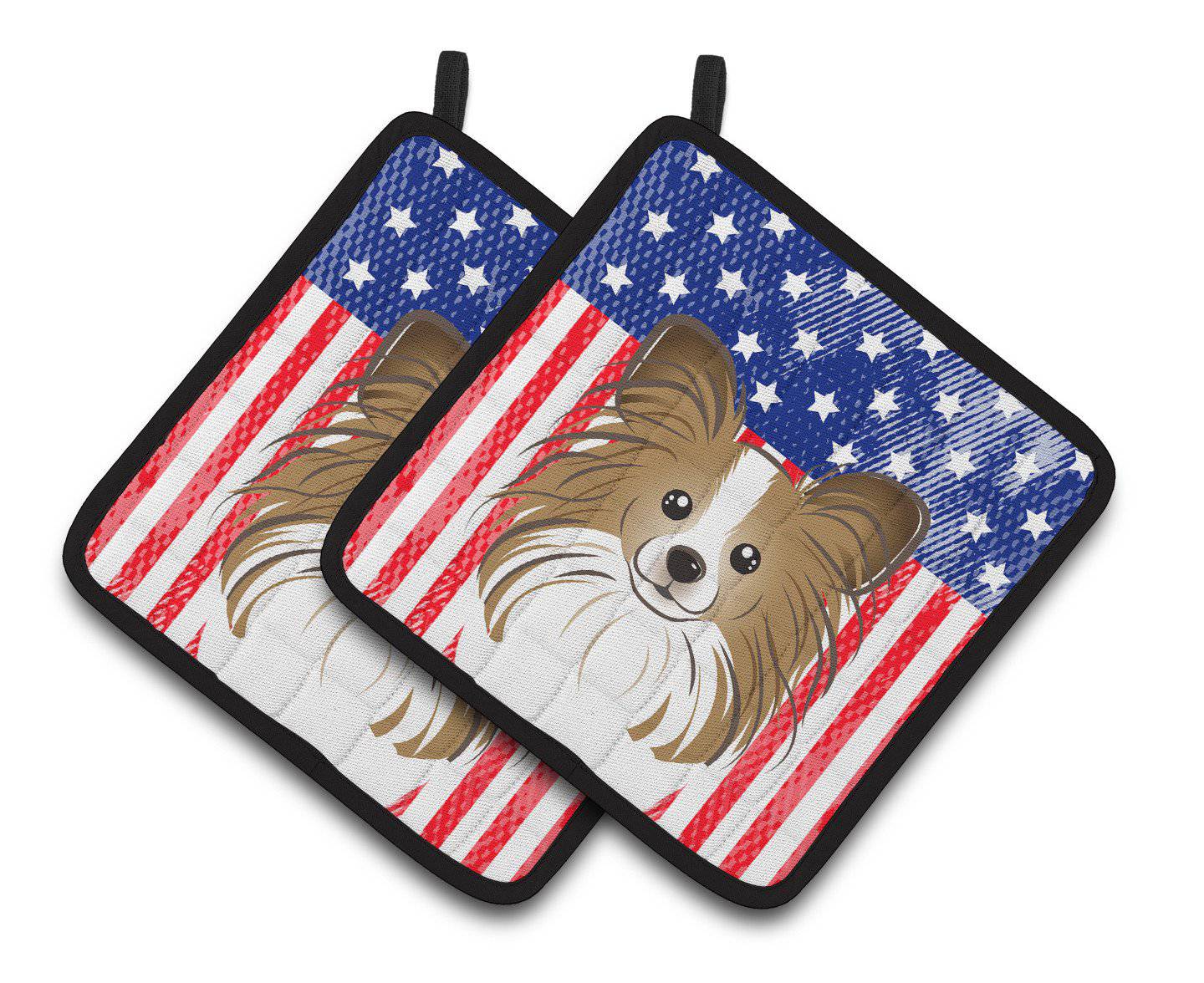American Flag and Papillon Pair of Pot Holders BB2178PTHD - the-store.com