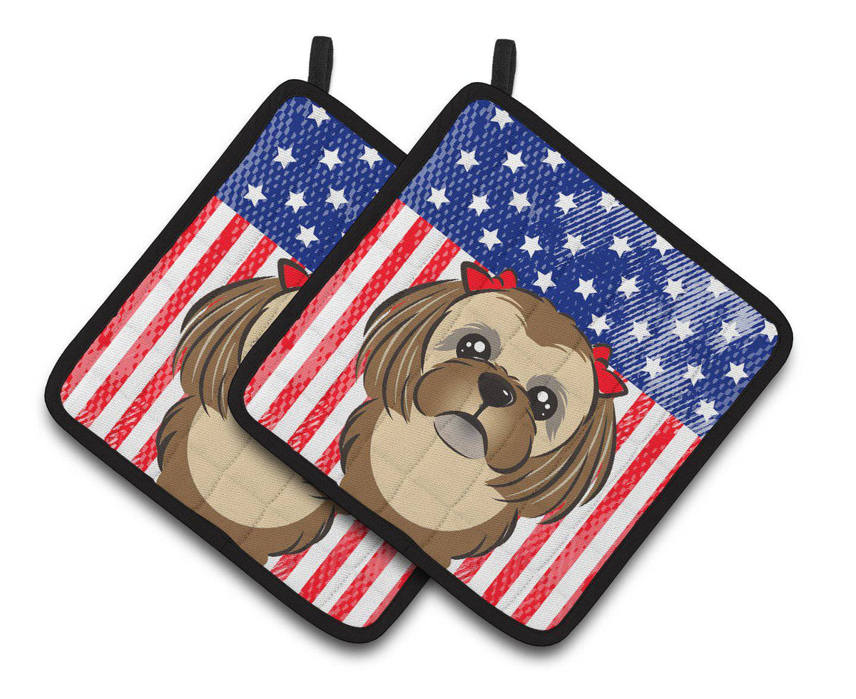 American Flag and Chocolate Brown Shih Tzu Pair of Pot Holders BB2179PTHD - the-store.com