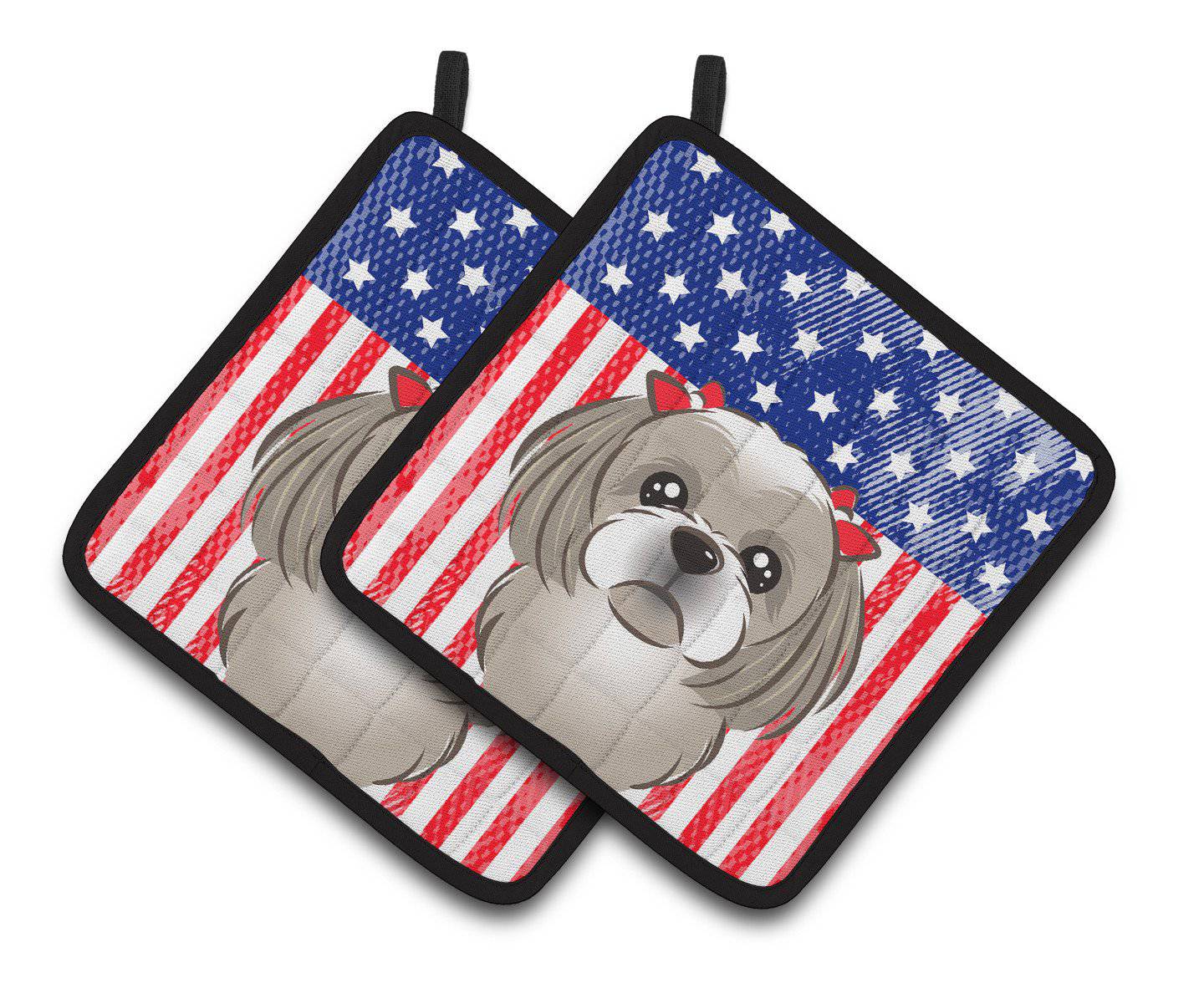 American Flag and Gray Silver Shih Tzu Pair of Pot Holders BB2180PTHD - the-store.com
