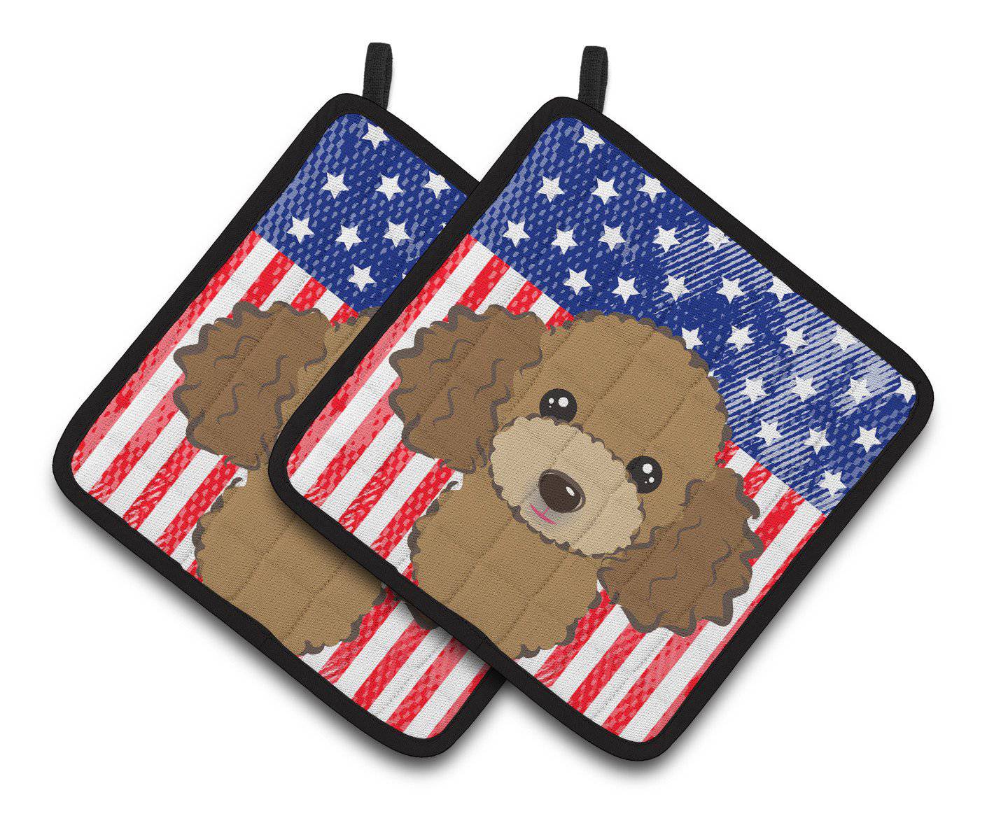 American Flag and Chocolate Brown Poodle Pair of Pot Holders BB2186PTHD - the-store.com