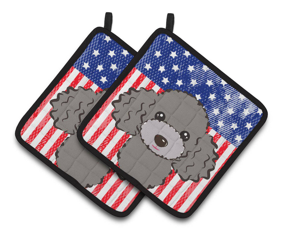American Flag and Silver Gray Poodle Pair of Pot Holders BB2189PTHD - the-store.com