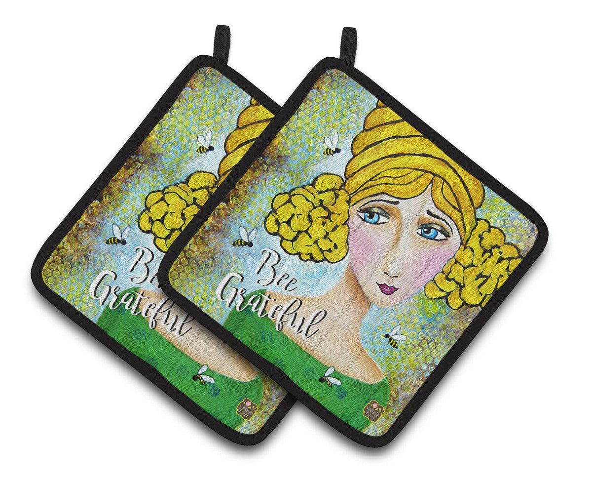 Bee Grateful Girl with Beehive Pair of Pot Holders VHA3008PTHD - the-store.com