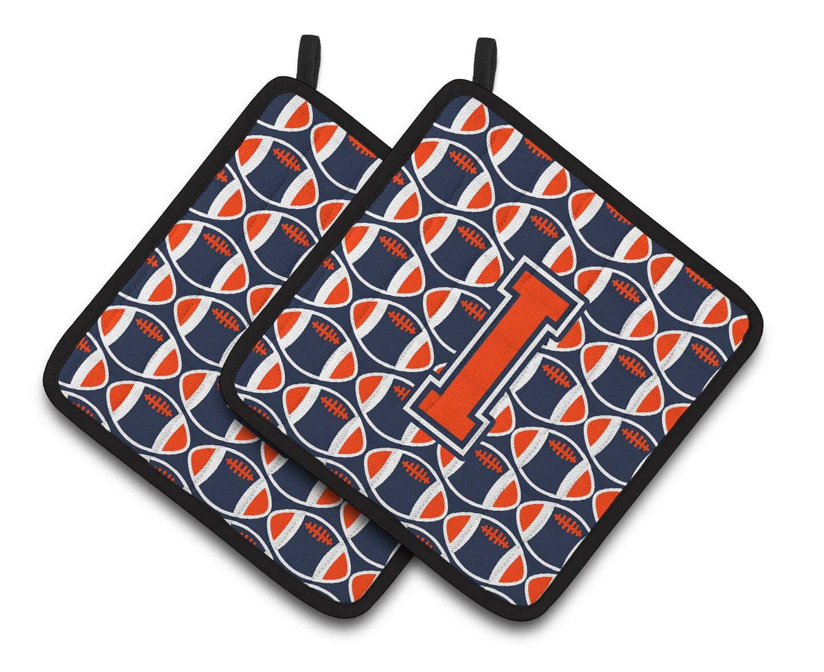 &quot;Letter I Football Orange, Blue and white Pair of Pot Holders CJ1066-IPTHD&quot; - the-store.com
