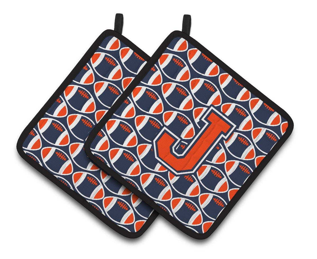 &quot;Letter J Football Orange, Blue and white Pair of Pot Holders CJ1066-JPTHD&quot; - the-store.com