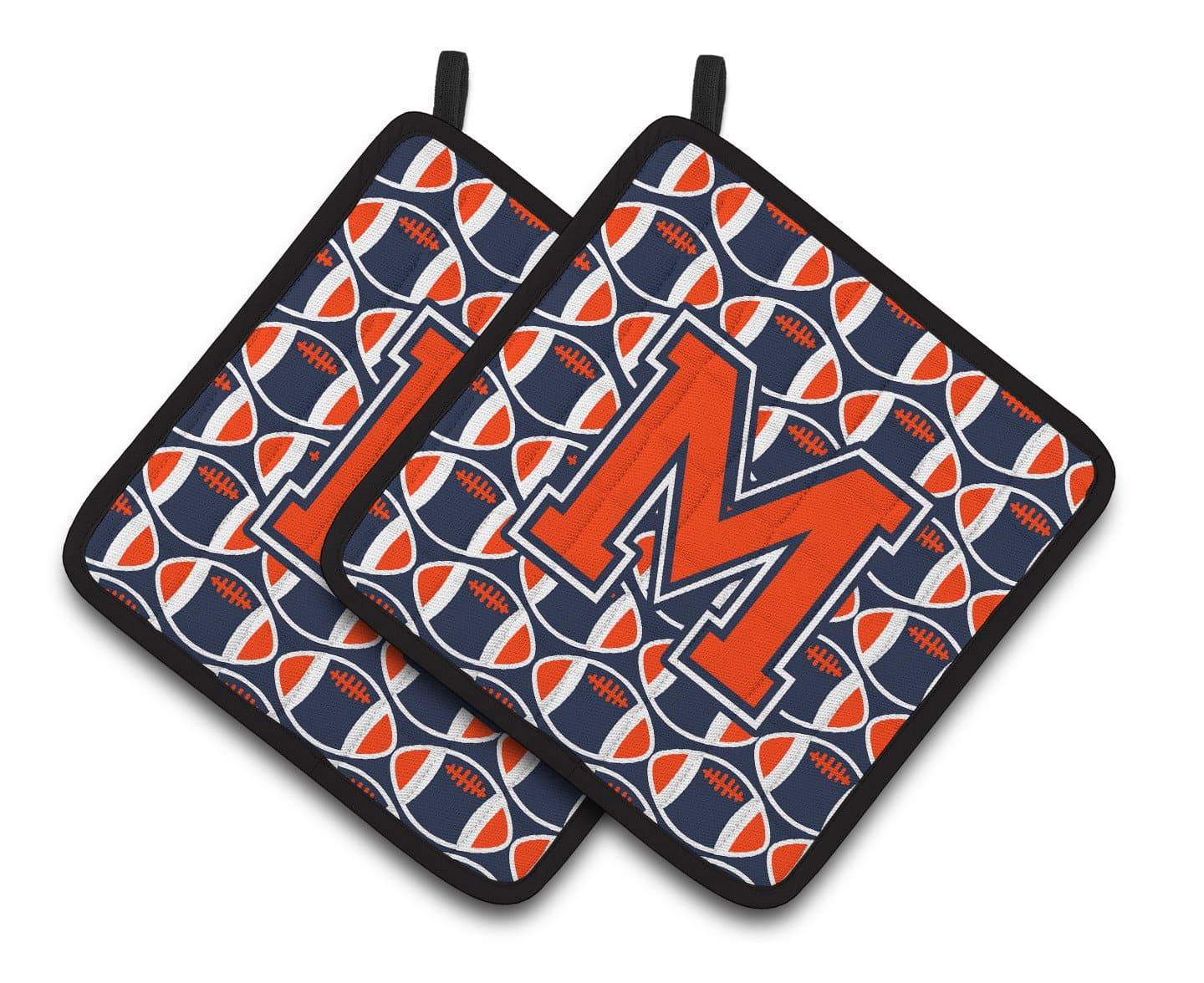 Letter M Football Orange, Blue and white Pair of Pot Holders CJ1066-MPTHD - the-store.com