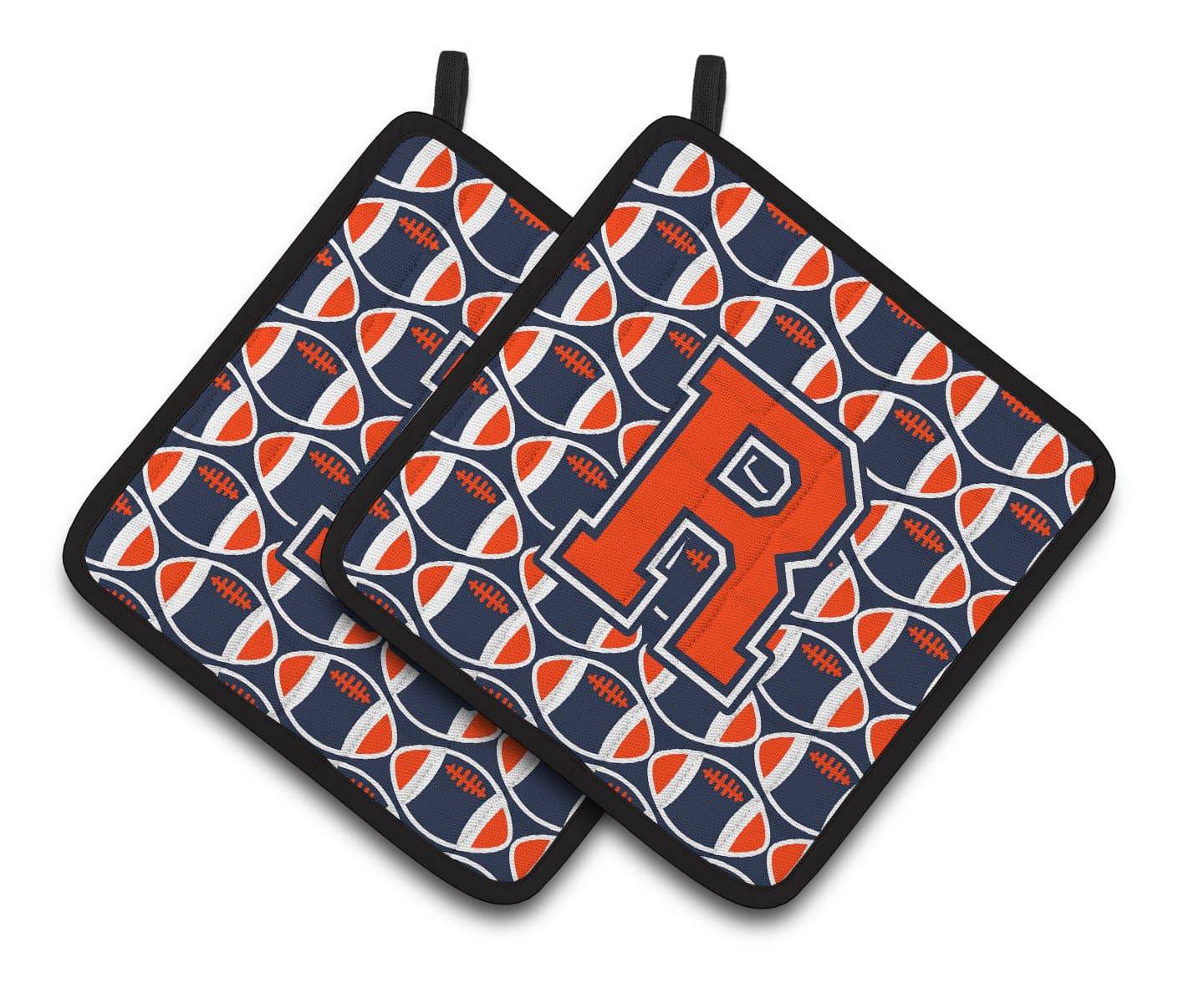 "Letter R Football Orange, Blue and white Pair of Pot Holders CJ1066-RPTHD" - the-store.com