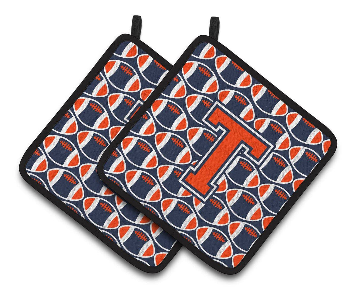 &quot;Letter T Football Orange, Blue and white Pair of Pot Holders CJ1066-TPTHD&quot; - the-store.com