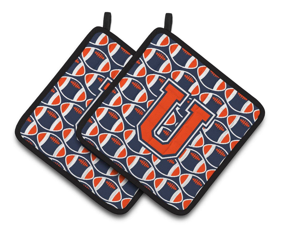 &quot;Letter U Football Orange, Blue and white Pair of Pot Holders CJ1066-UPTHD&quot; - the-store.com