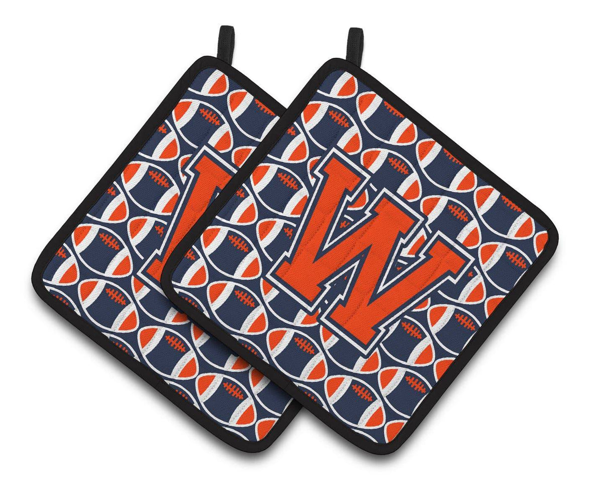&quot;Letter W Football Orange, Blue and white Pair of Pot Holders CJ1066-WPTHD&quot; - the-store.com