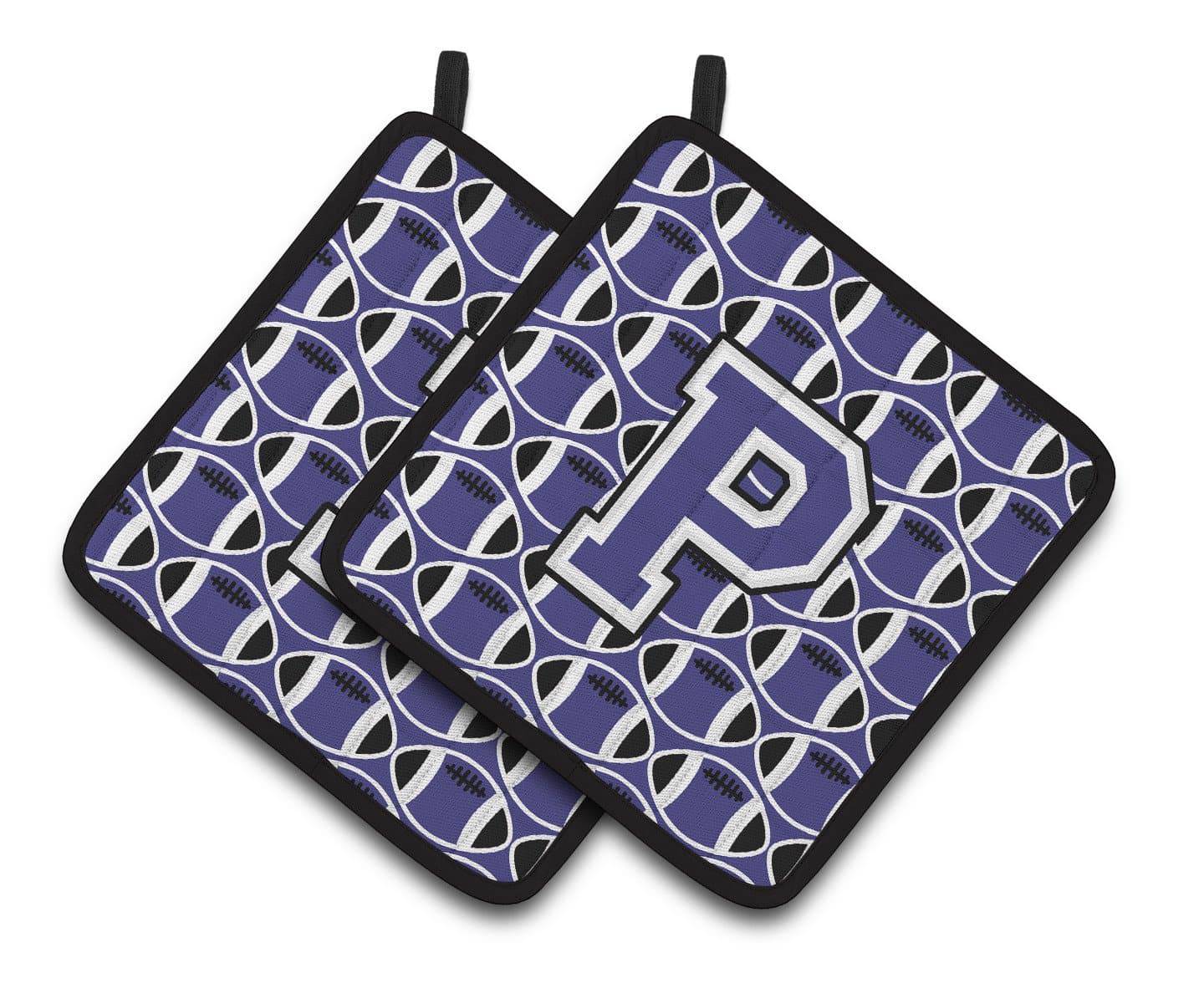 Letter P Football Purple and White Pair of Pot Holders CJ1068-PPTHD - the-store.com