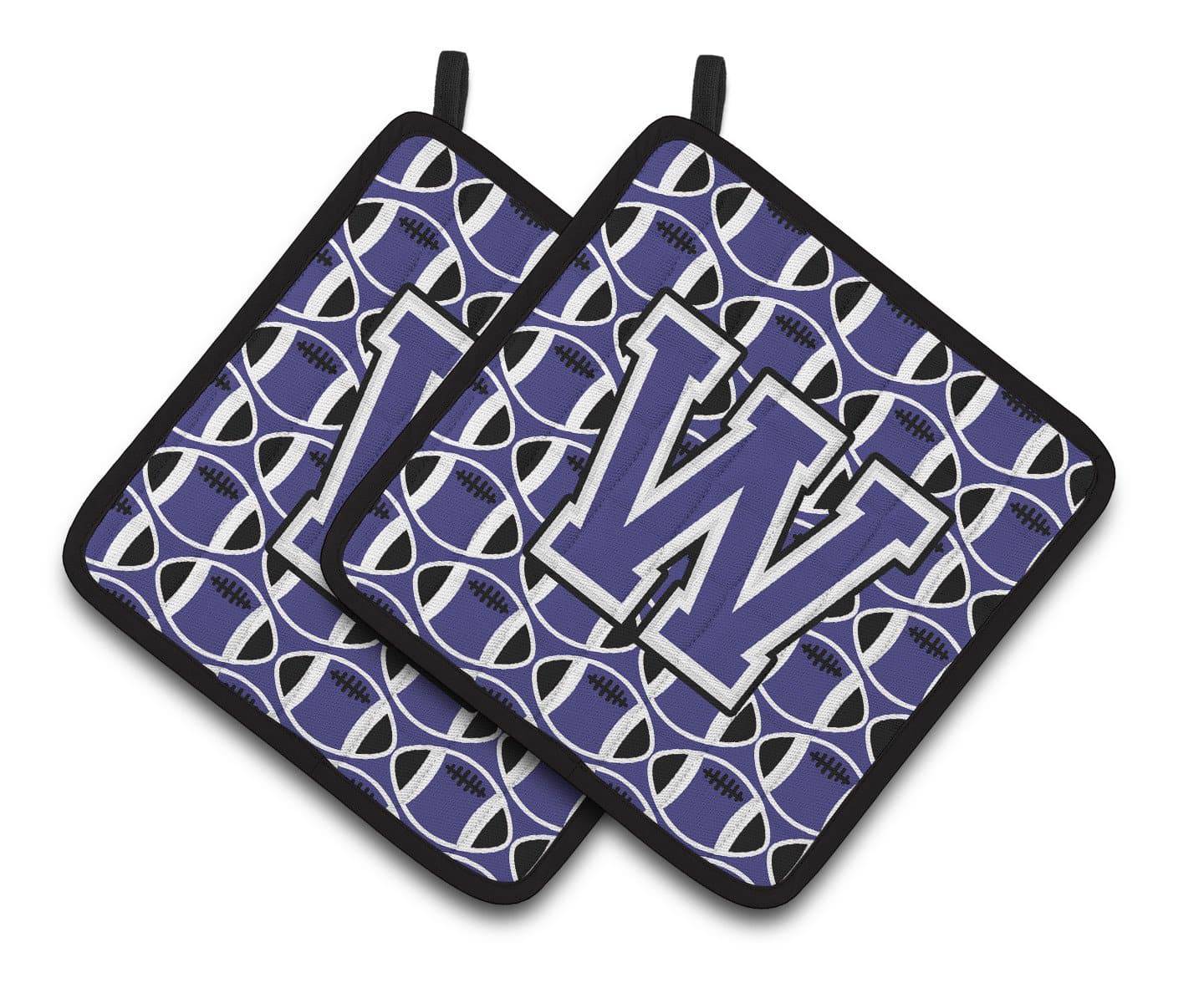 Letter W Football Purple and White Pair of Pot Holders CJ1068-WPTHD - the-store.com