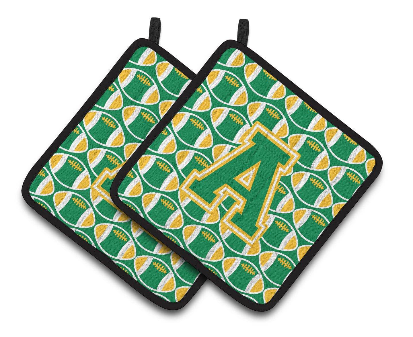 Letter A Football Green and Gold Pair of Pot Holders CJ1069-APTHD - the-store.com