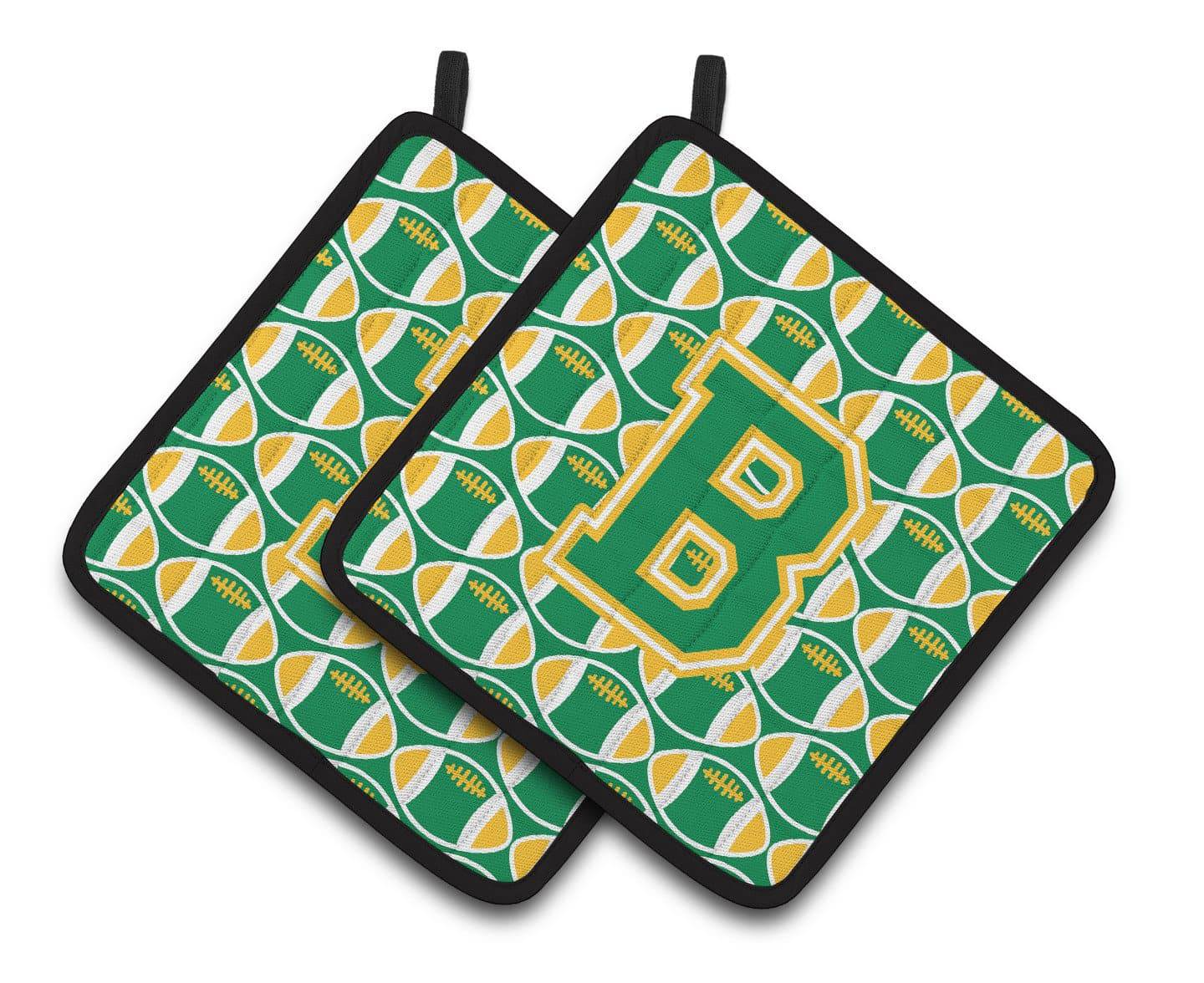 Letter B Football Green and Gold Pair of Pot Holders CJ1069-BPTHD - the-store.com