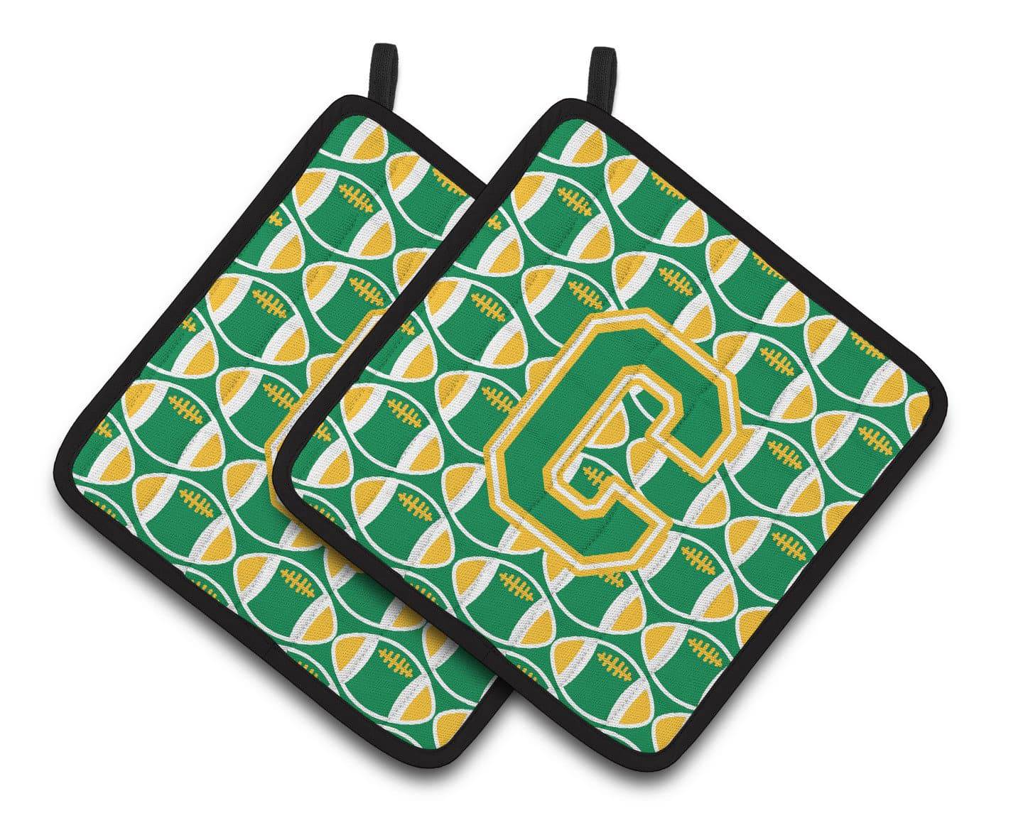 Letter C Football Green and Gold Pair of Pot Holders CJ1069-CPTHD - the-store.com