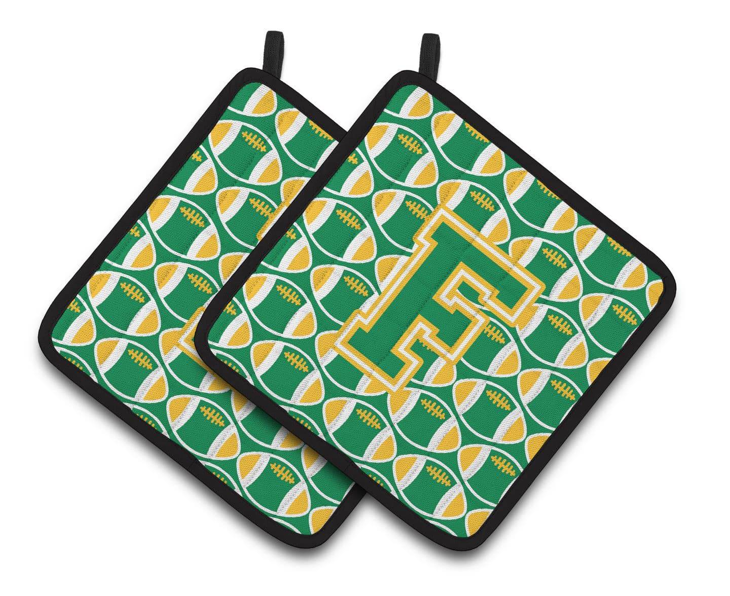 Letter F Football Green and Gold Pair of Pot Holders CJ1069-FPTHD - the-store.com