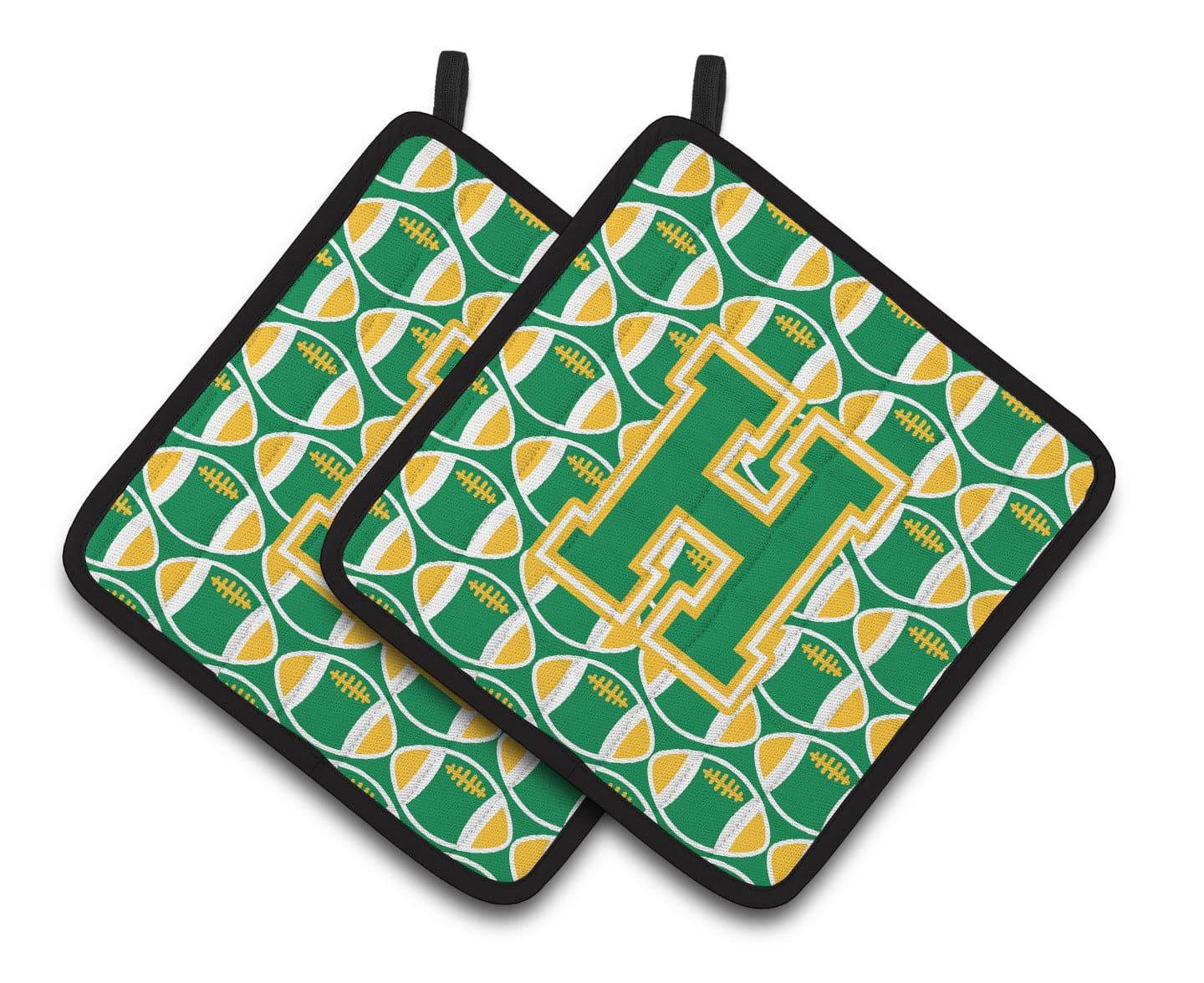 Letter H Football Green and Gold Pair of Pot Holders CJ1069-HPTHD - the-store.com