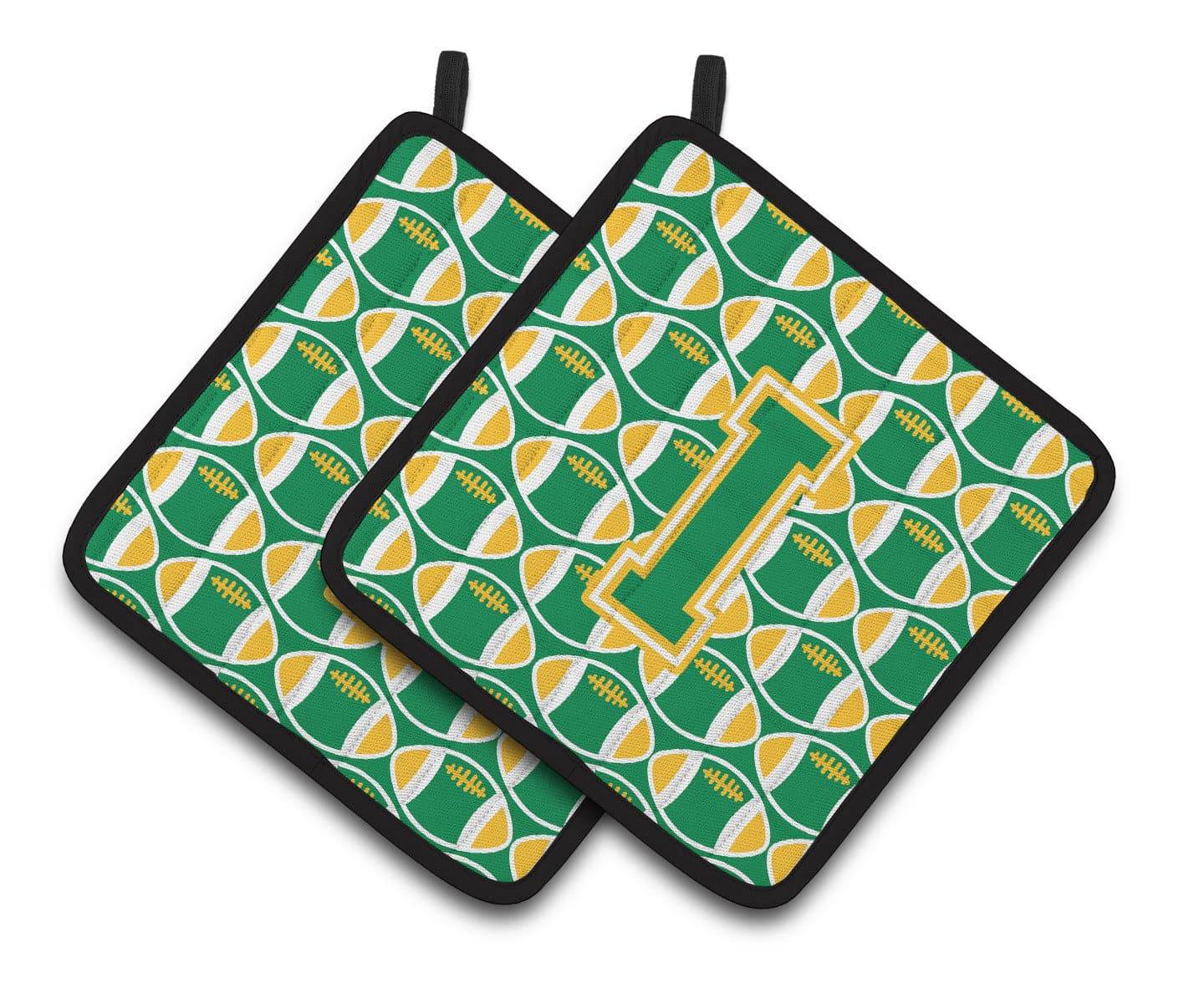 Letter I Football Green and Gold Pair of Pot Holders CJ1069-IPTHD - the-store.com
