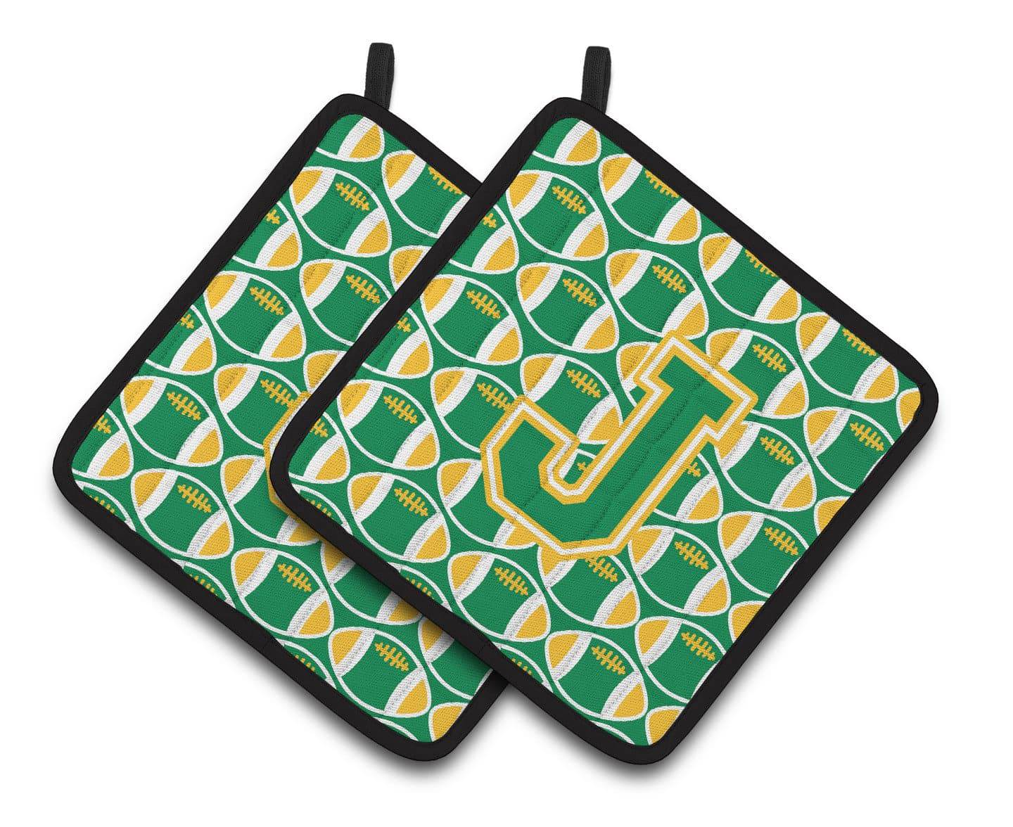 Letter J Football Green and Gold Pair of Pot Holders CJ1069-JPTHD - the-store.com