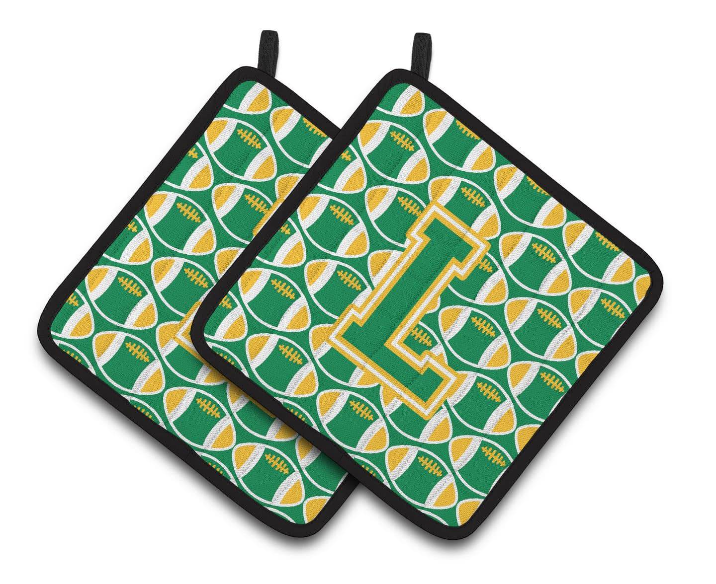 Letter L Football Green and Gold Pair of Pot Holders CJ1069-LPTHD - the-store.com
