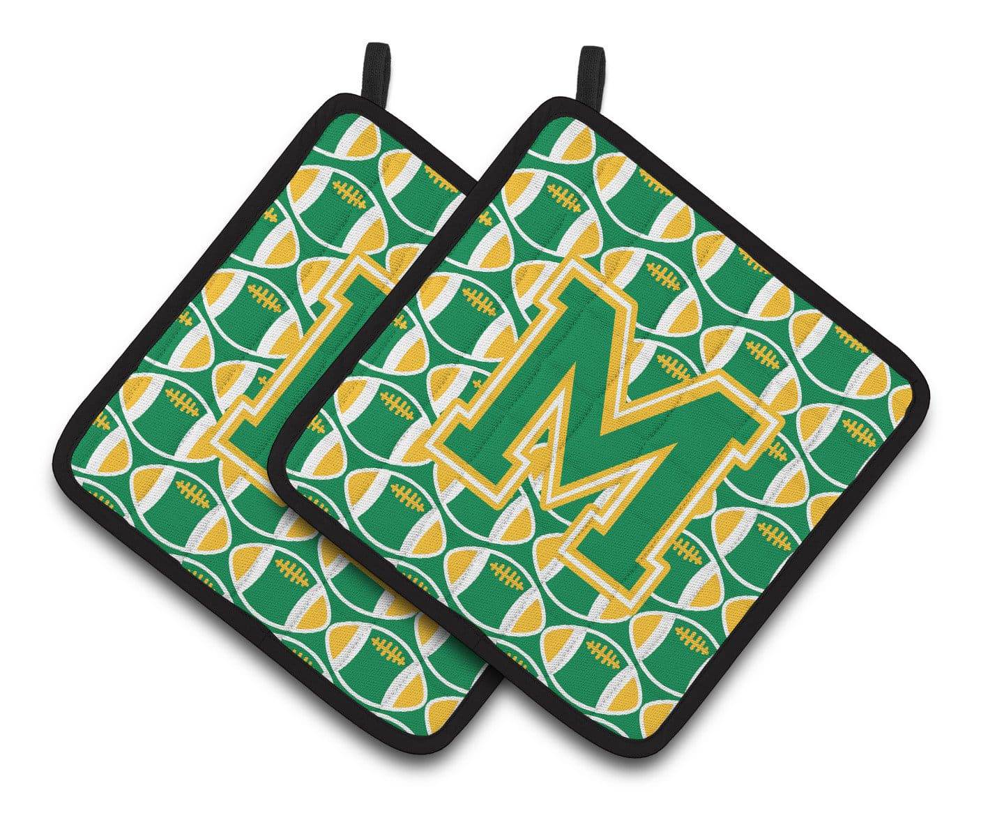 Letter M Football Green and Gold Pair of Pot Holders CJ1069-MPTHD - the-store.com