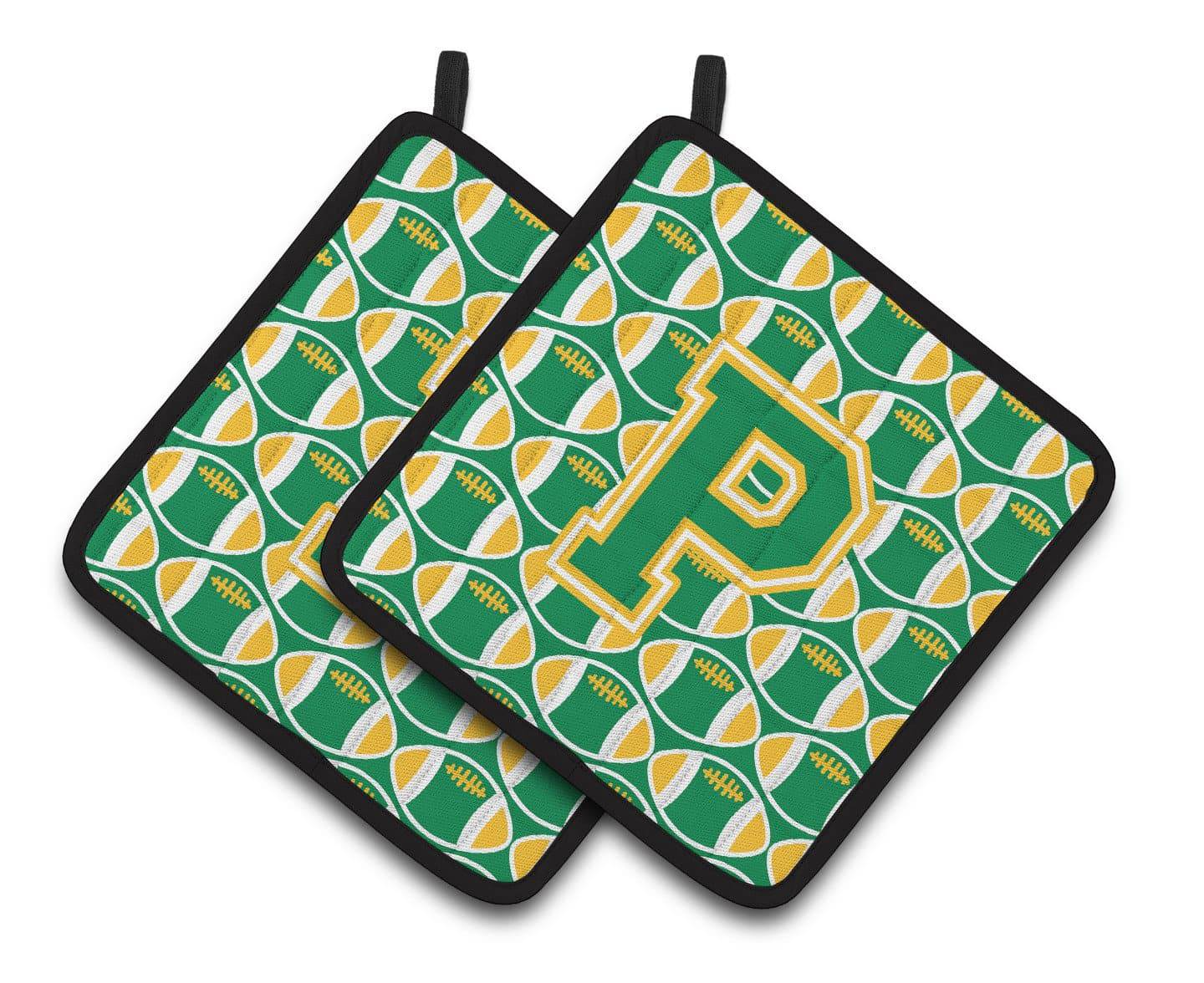 Letter P Football Green and Gold Pair of Pot Holders CJ1069-PPTHD - the-store.com