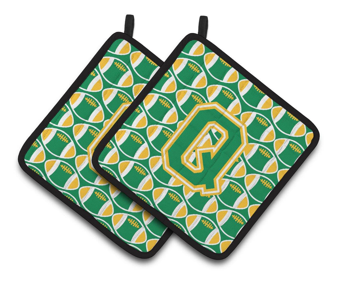 Letter Q Football Green and Gold Pair of Pot Holders CJ1069-QPTHD - the-store.com