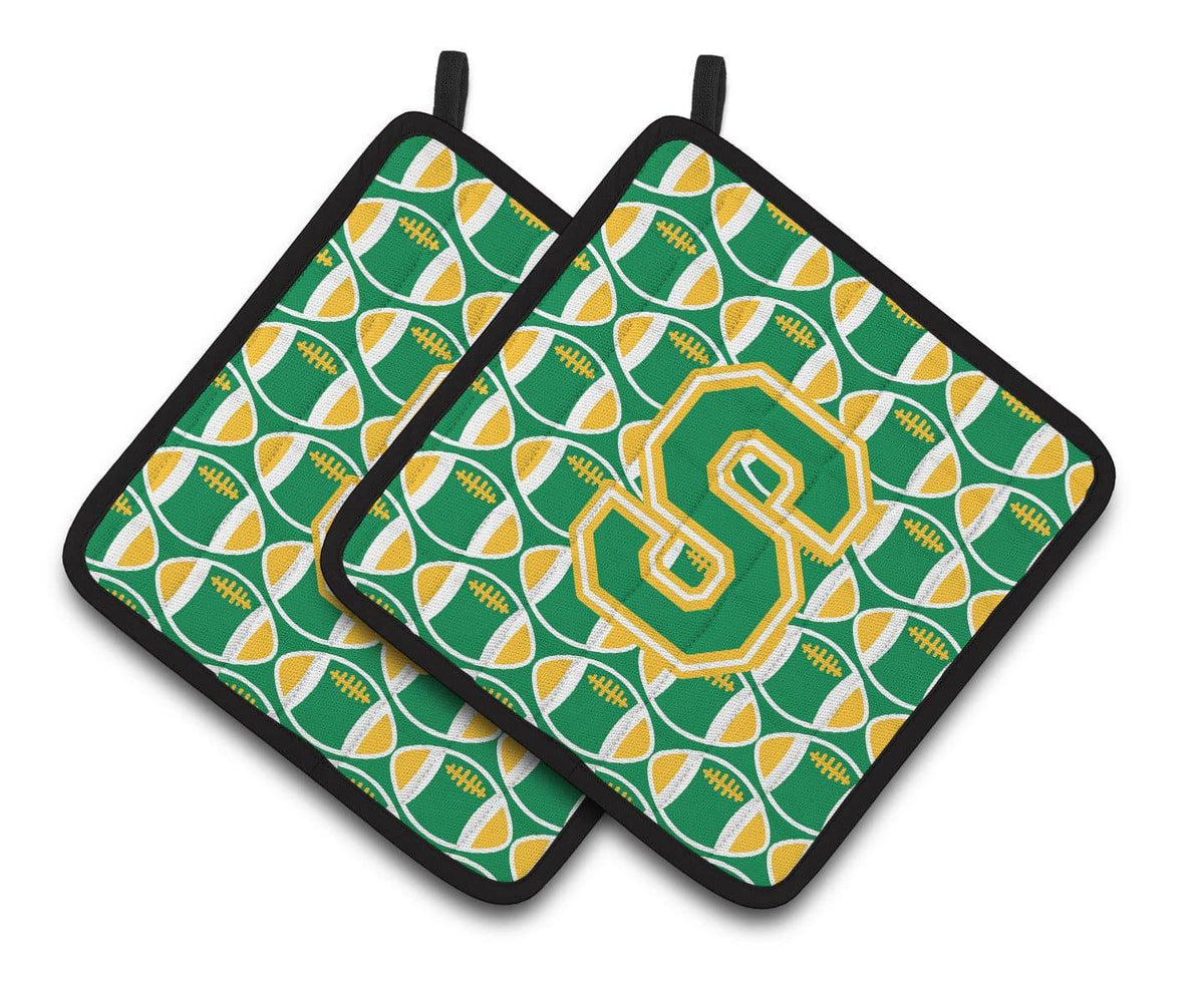 Letter S Football Green and Gold Pair of Pot Holders CJ1069-SPTHD - the-store.com