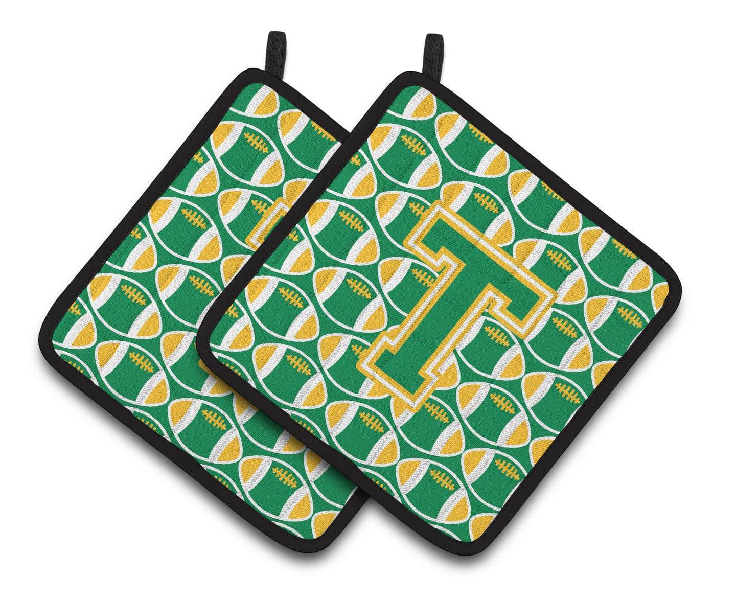 Letter T Football Green and Gold Pair of Pot Holders CJ1069-TPTHD - the-store.com