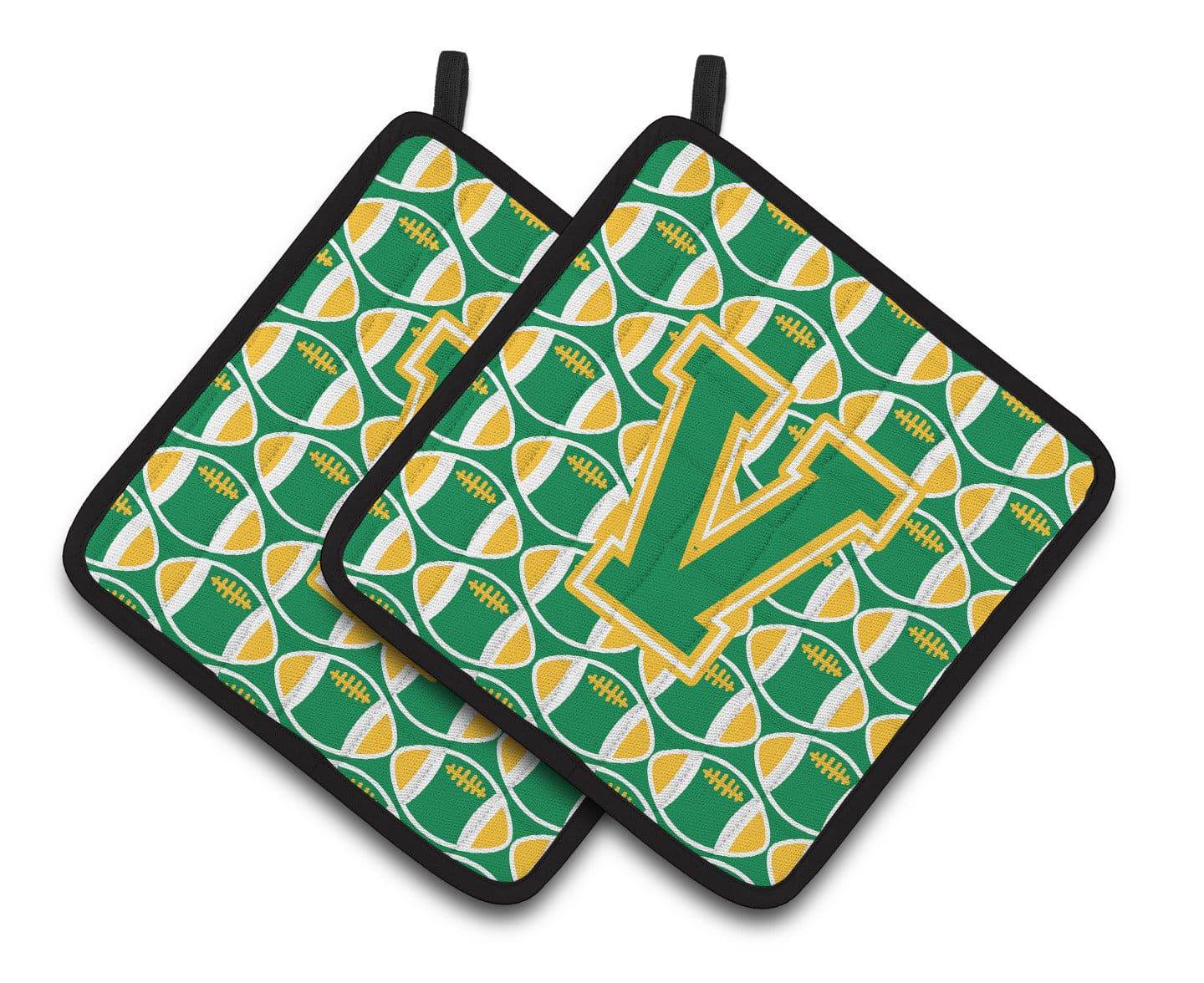 Letter V Football Green and Gold Pair of Pot Holders CJ1069-VPTHD - the-store.com