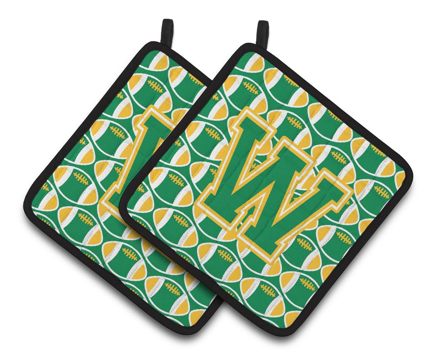 Letter W Football Green and Gold Pair of Pot Holders CJ1069-WPTHD - the-store.com