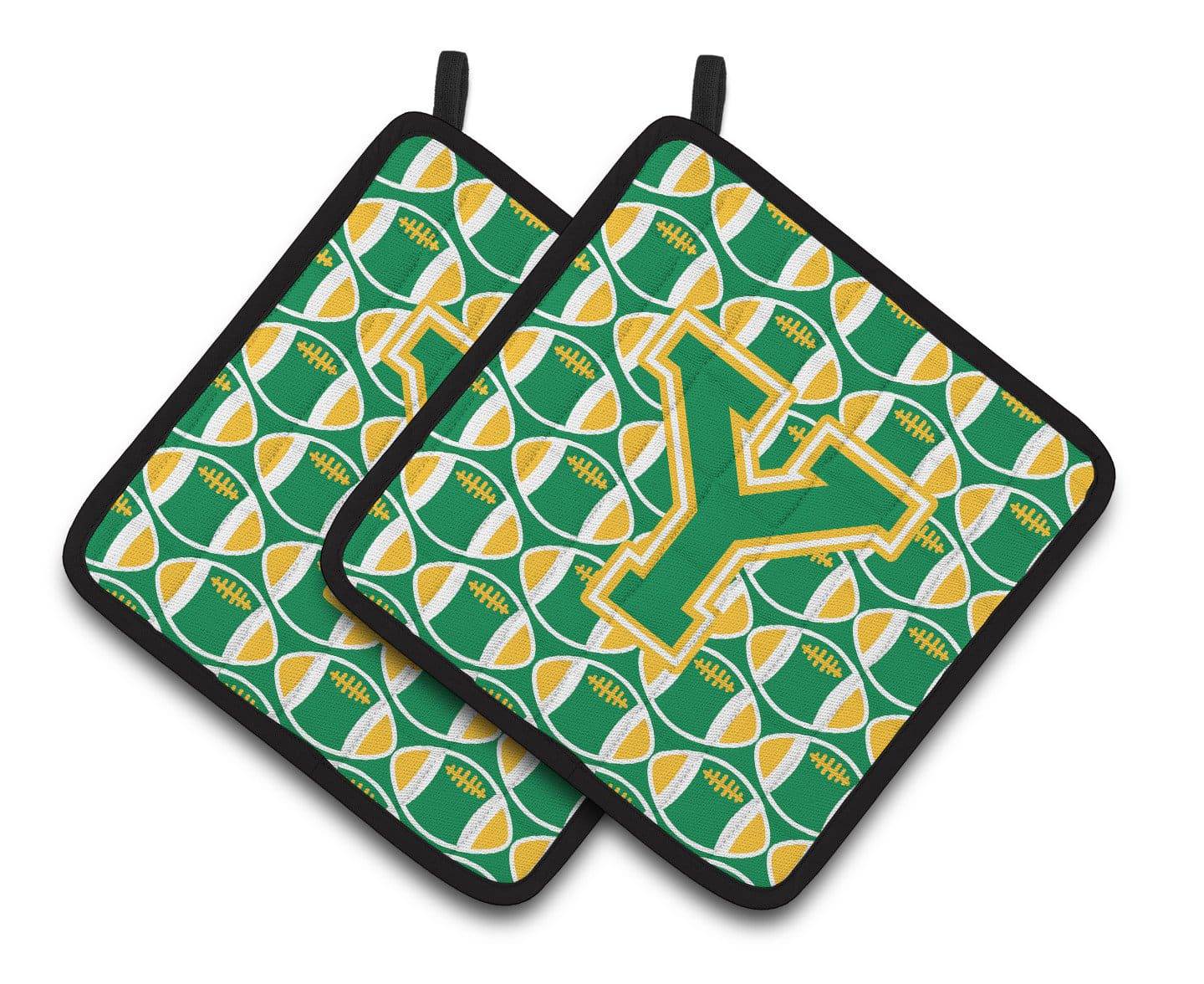 Letter Y Football Green and Gold Pair of Pot Holders CJ1069-YPTHD - the-store.com