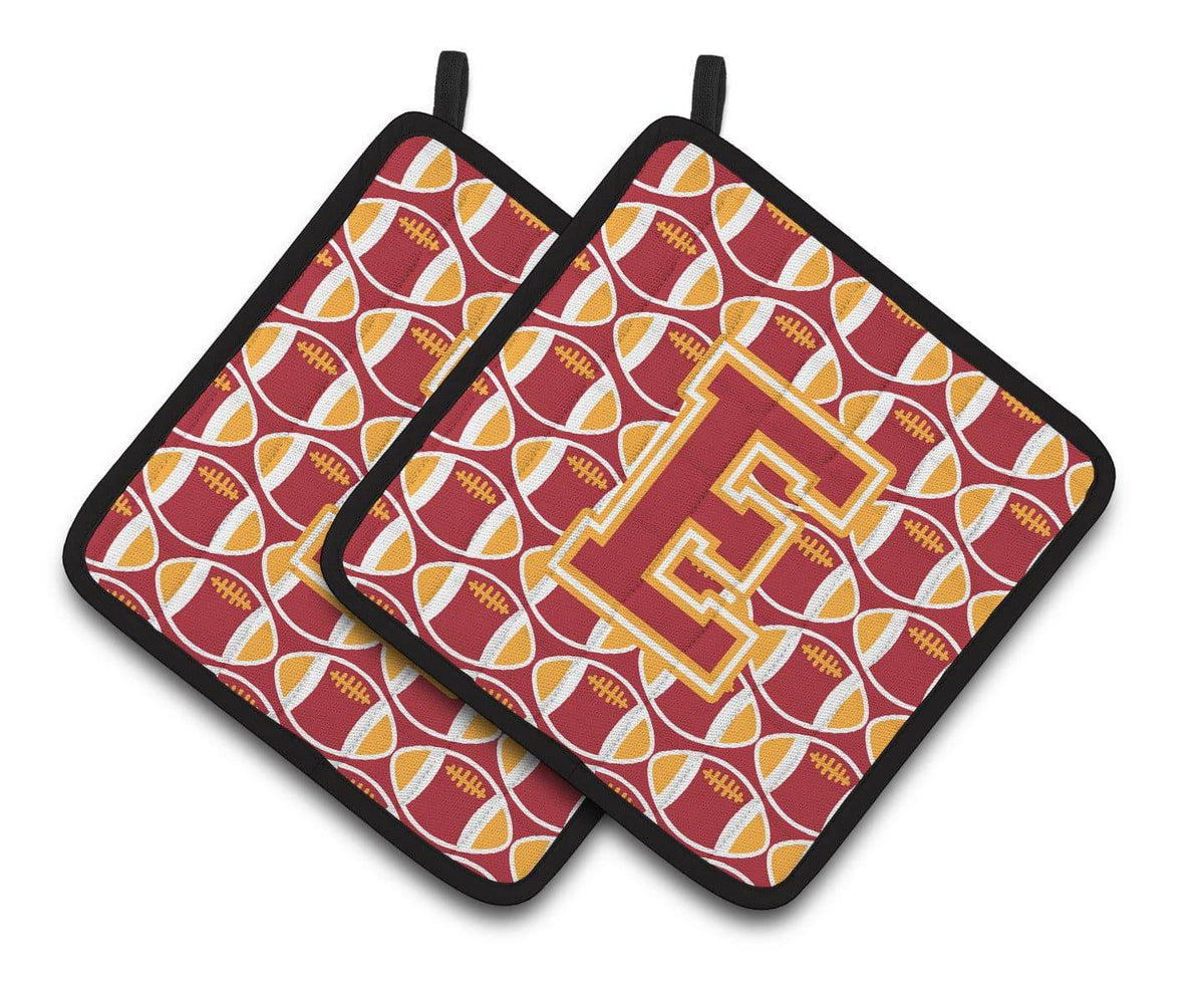 Letter E Football Cardinal and Gold Pair of Pot Holders CJ1070-EPTHD - the-store.com