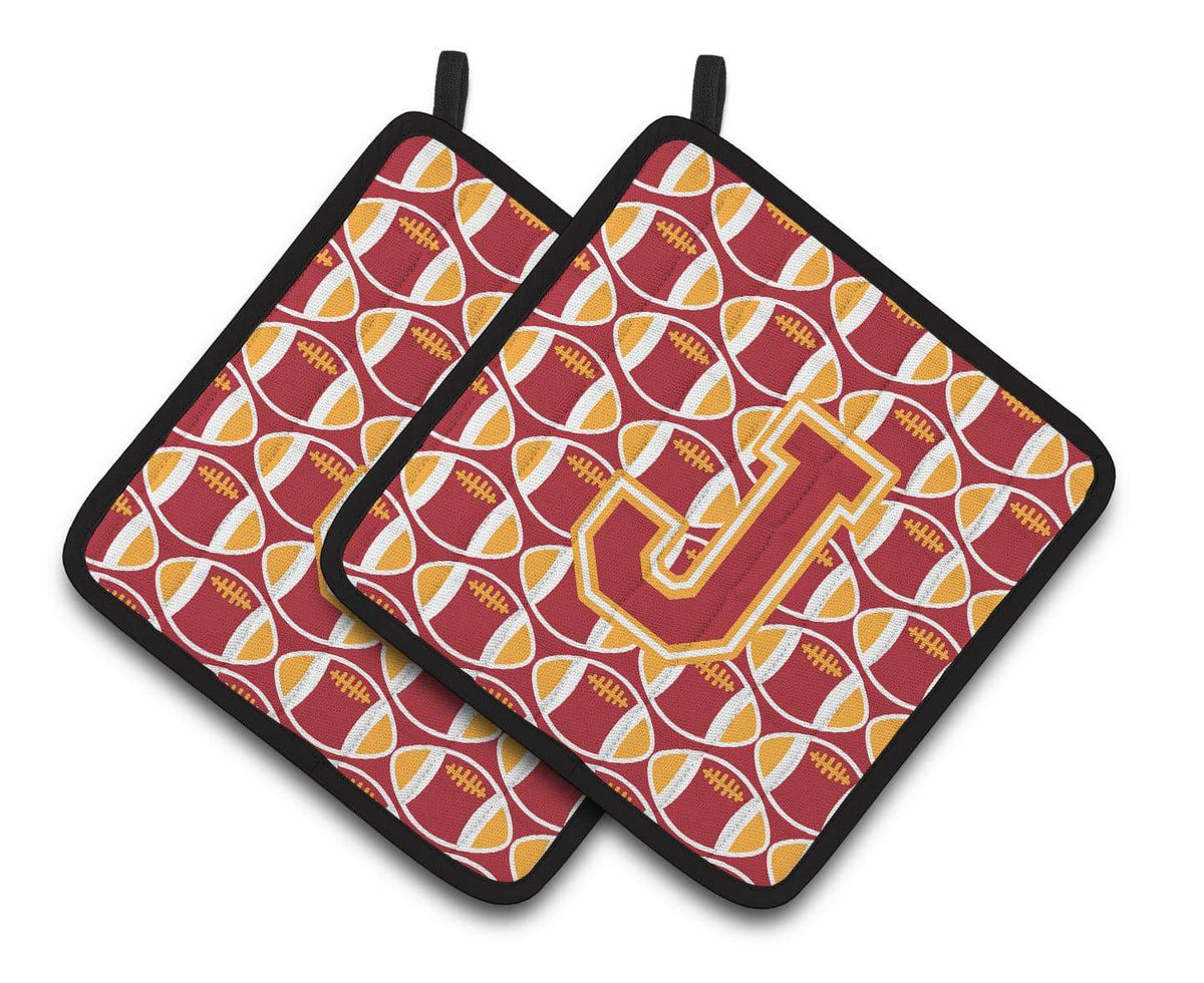Letter J Football Cardinal and Gold Pair of Pot Holders CJ1070-JPTHD - the-store.com