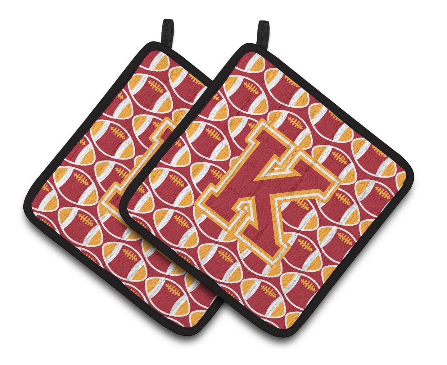 Letter K Football Cardinal and Gold Pair of Pot Holders CJ1070-KPTHD - the-store.com