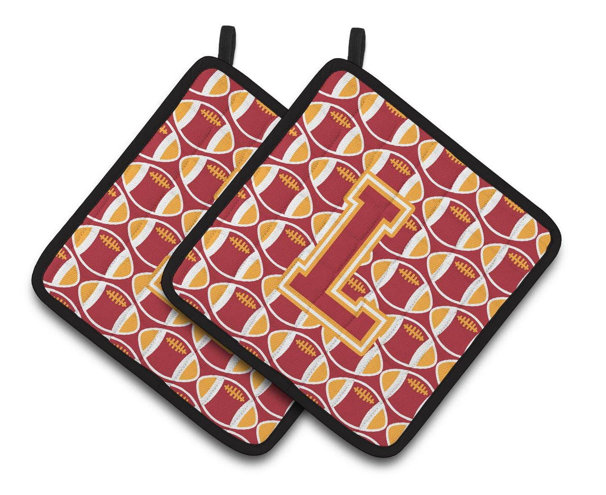 Letter L Football Cardinal and Gold Pair of Pot Holders CJ1070-LPTHD - the-store.com