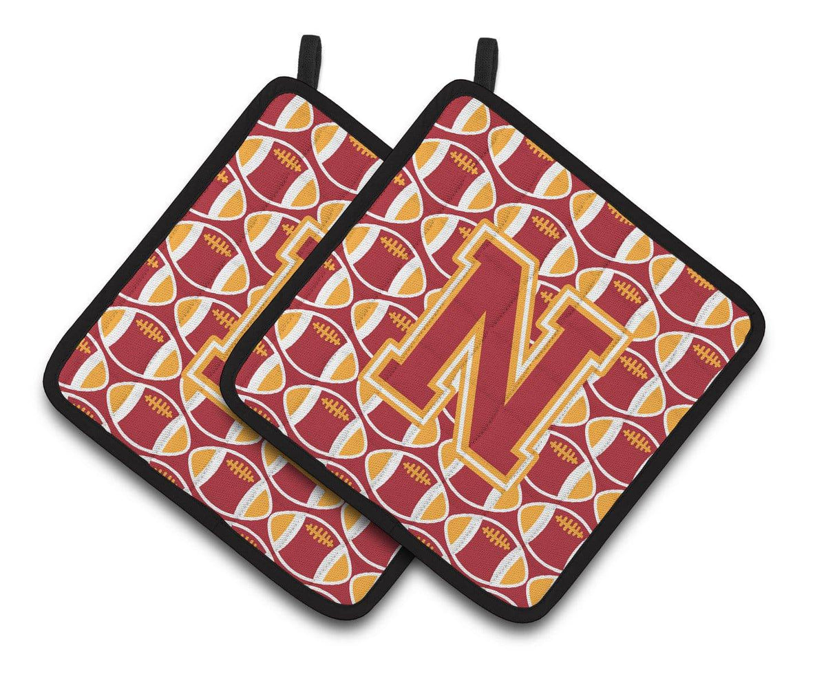 Letter N Football Cardinal and Gold Pair of Pot Holders CJ1070-NPTHD - the-store.com