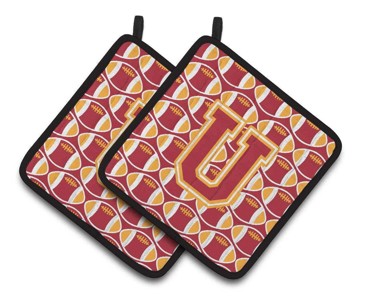 Letter U Football Cardinal and Gold Pair of Pot Holders CJ1070-UPTHD - the-store.com
